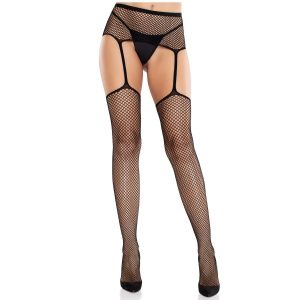 LEG AVENUE - MEDIAS DE ENCAJE CON CRUZ Y PORTALIGAS NEGRO