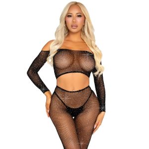 LEG AVENUE - CROP TOP Y LEGGING DE REJILLA CON PEDRERÍA NEGRO